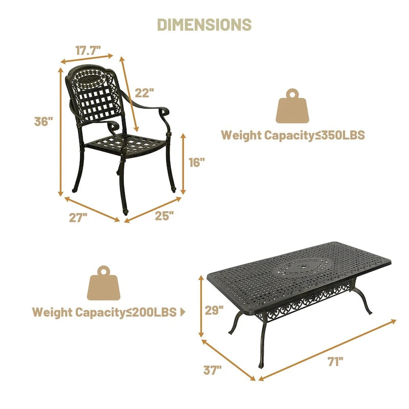 Ensemble de salle à manger d'extérieur 7 pièces en aluminium coulé bronze Clihome pour terrasse