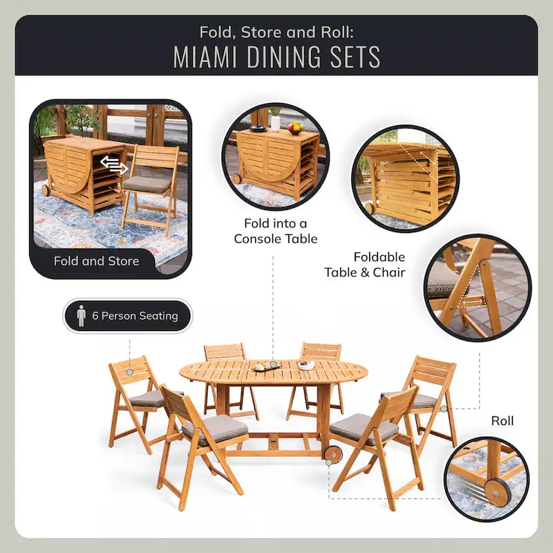 Ensemble de salle à manger d'extérieur pliant 7 pièces Cambridge Casual Miami en teck avec coussins d'assise Sunbrella