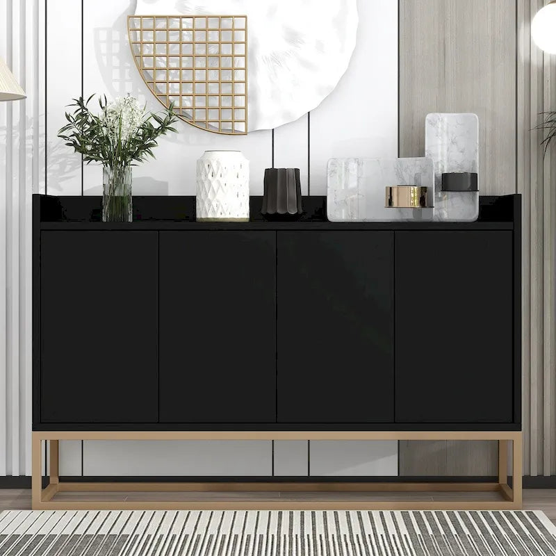 Bahut/Buffet 4 portes en panneaux de particules noir/bleu marine/blanc avec portes à ouverture par poussée et pieds en métal doré