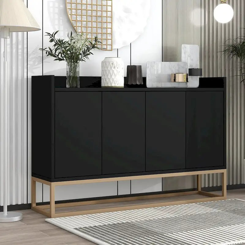 Bahut/Buffet 4 portes en panneaux de particules noir/bleu marine/blanc avec portes à ouverture par poussée et pieds en métal doré