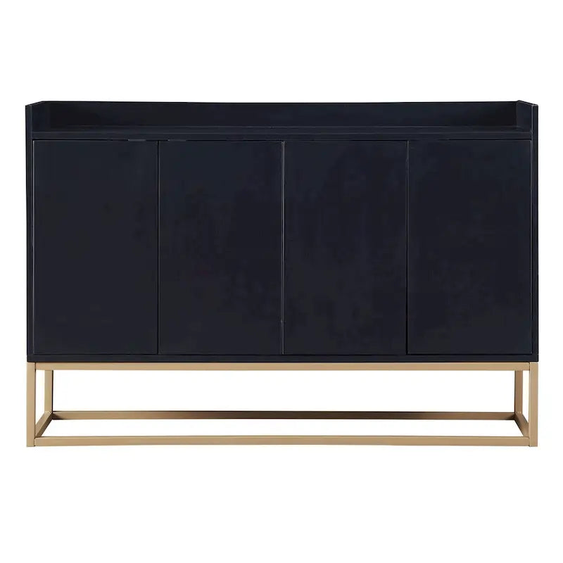 Bahut/Buffet 4 portes en panneaux de particules noir/bleu marine/blanc avec portes à ouverture par poussée et pieds en métal doré