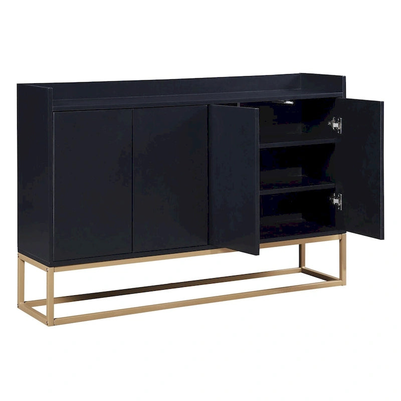 Bahut/Buffet 4 portes en panneaux de particules noir/bleu marine/blanc avec portes à ouverture par poussée et pieds en métal doré