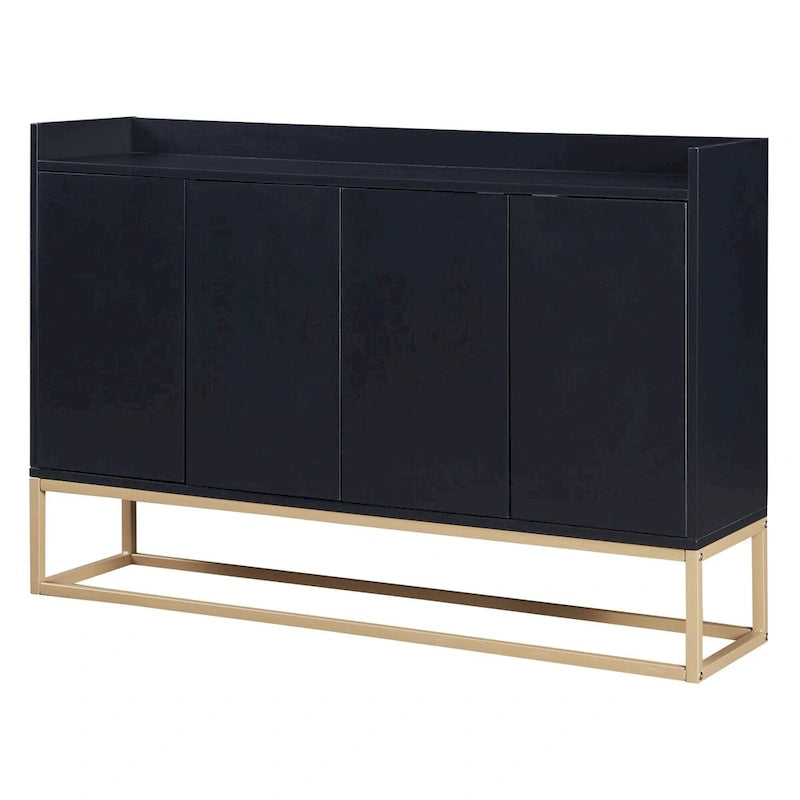 Bahut/Buffet 4 portes en panneaux de particules noir/bleu marine/blanc avec portes à ouverture par poussée et pieds en métal doré