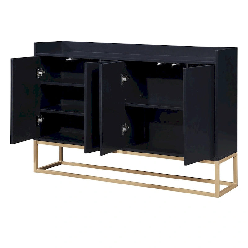 Bahut/Buffet 4 portes en panneaux de particules noir/bleu marine/blanc avec portes à ouverture par poussée et pieds en métal doré