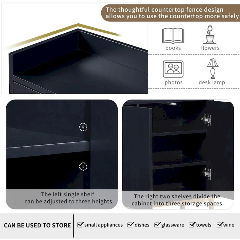 Bahut/Buffet 4 portes en panneaux de particules noir/bleu marine/blanc avec portes à ouverture par poussée et pieds en métal doré