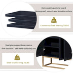 Bahut/Buffet 4 portes en panneaux de particules noir/bleu marine/blanc avec portes à ouverture par poussée et pieds en métal doré