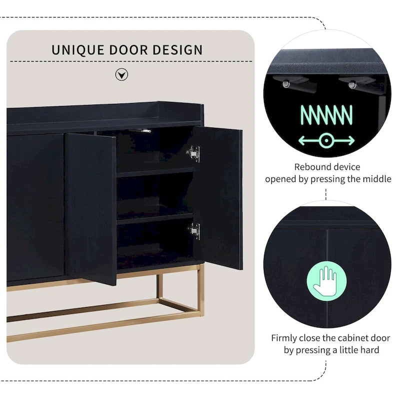 Bahut/Buffet 4 portes en panneaux de particules noir/bleu marine/blanc avec portes à ouverture par poussée et pieds en métal doré