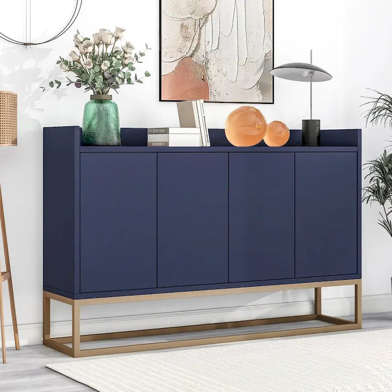 Bahut/Buffet 4 portes en panneaux de particules noir/bleu marine/blanc avec portes à ouverture par poussée et pieds en métal doré