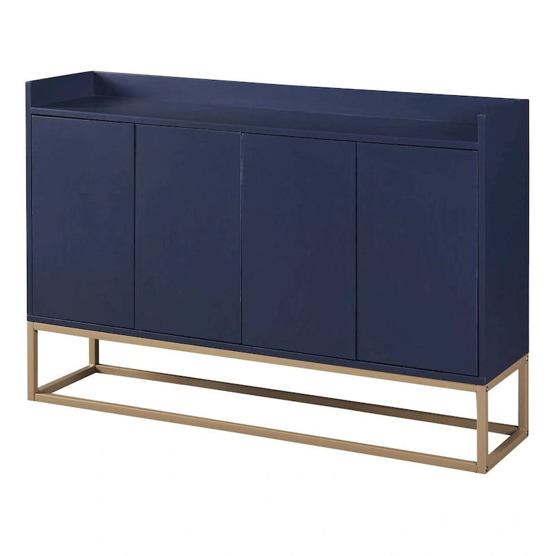 Bahut/Buffet 4 portes en panneaux de particules noir/bleu marine/blanc avec portes à ouverture par poussée et pieds en métal doré