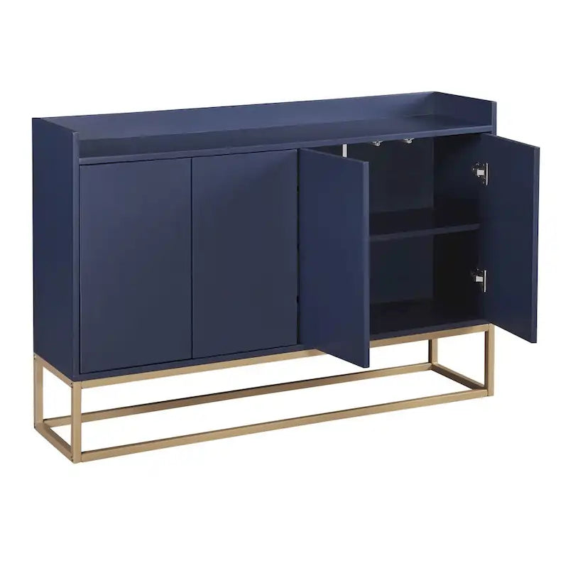 Bahut/Buffet 4 portes en panneaux de particules noir/bleu marine/blanc avec portes à ouverture par poussée et pieds en métal doré