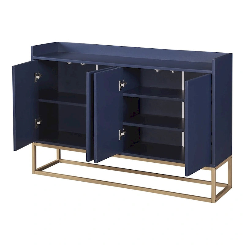 Bahut/Buffet 4 portes en panneaux de particules noir/bleu marine/blanc avec portes à ouverture par poussée et pieds en métal doré