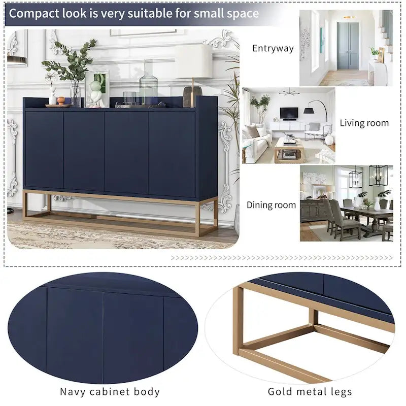 Bahut/Buffet 4 portes en panneaux de particules noir/bleu marine/blanc avec portes à ouverture par poussée et pieds en métal doré