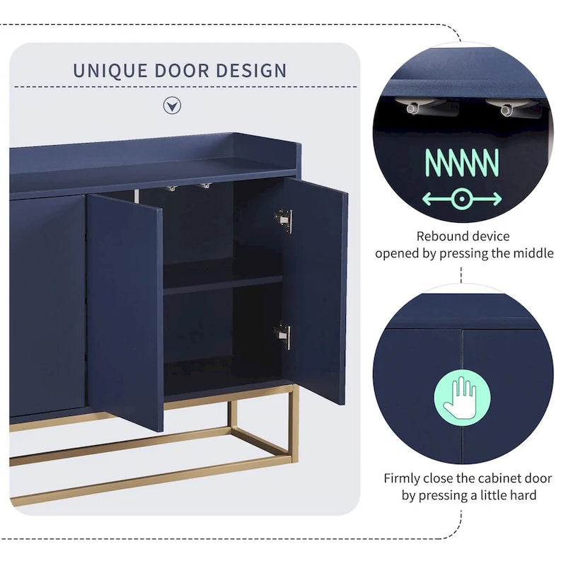 Bahut/Buffet 4 portes en panneaux de particules noir/bleu marine/blanc avec portes à ouverture par poussée et pieds en métal doré