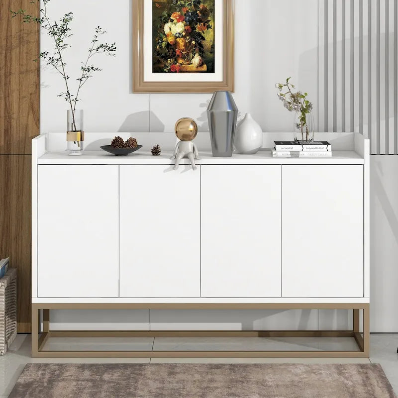 Bahut/Buffet 4 portes en panneaux de particules noir/bleu marine/blanc avec portes à ouverture par poussée et pieds en métal doré