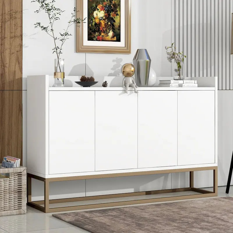 Bahut/Buffet 4 portes en panneaux de particules noir/bleu marine/blanc avec portes à ouverture par poussée et pieds en métal doré