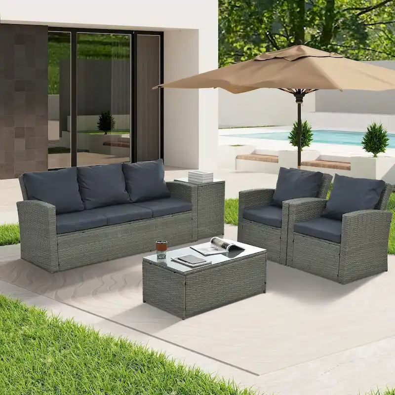 Mobilier de patio, Mobilier de jardin, Mobilier de jardin en rotin PE saisonnier, Mobilier en rotin 5 pièces avec plateau de table en verre trempé