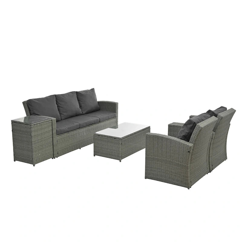 Mobilier de patio, Mobilier de jardin, Mobilier de jardin en rotin PE saisonnier, Mobilier en rotin 5 pièces avec plateau de table en verre trempé