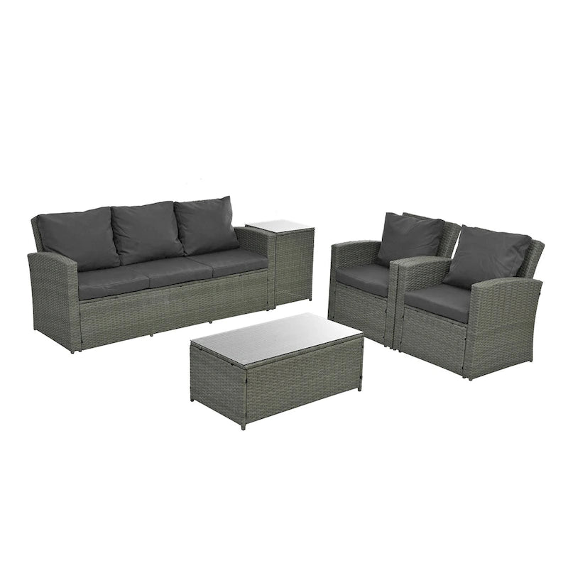 Mobilier de patio, Mobilier de jardin, Mobilier de jardin en rotin PE saisonnier, Mobilier en rotin 5 pièces avec plateau de table en verre trempé