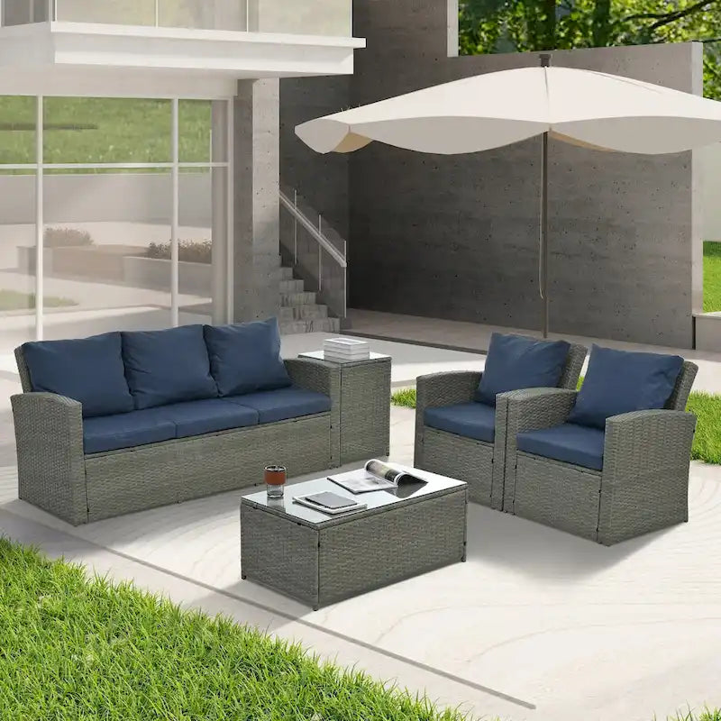 Mobilier de patio, Mobilier de jardin, Mobilier de jardin en rotin PE saisonnier, Mobilier en rotin 5 pièces avec plateau de table en verre trempé
