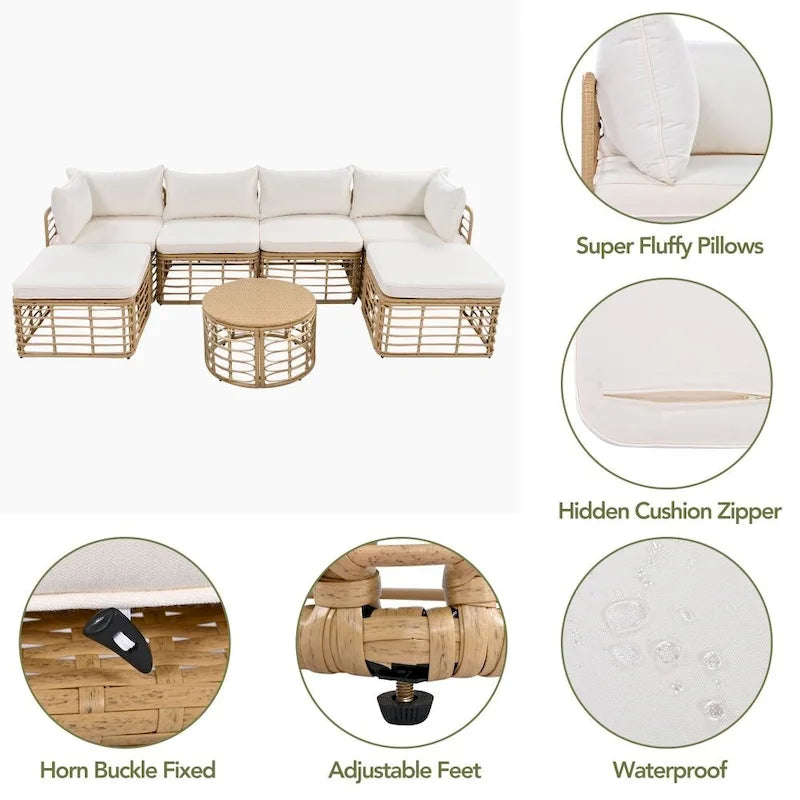 Ensemble de canapé d'angle de patio extérieur 7 pièces en rotin toutes saisons