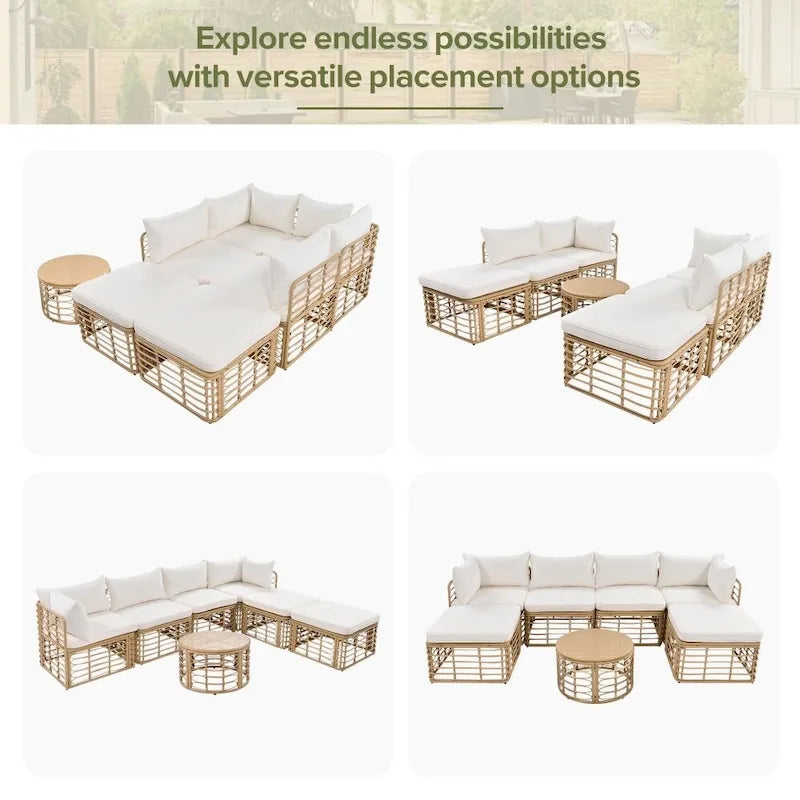 Ensemble de canapé d'angle de patio extérieur 7 pièces en rotin toutes saisons