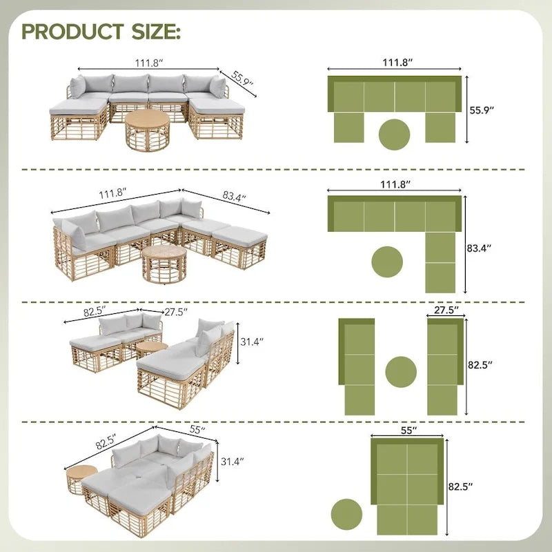 Ensemble de canapé d'angle de patio extérieur 7 pièces en rotin toutes saisons