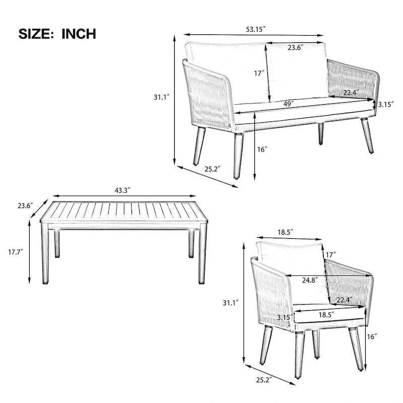 Ensemble de conversation de 4 pièces pour patio extérieur