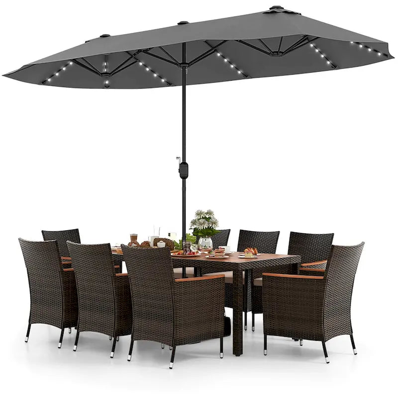 Ensemble de salle à manger de patio 11 pièces, mobilier d'extérieur en rotin avec parasol de 4,5 m