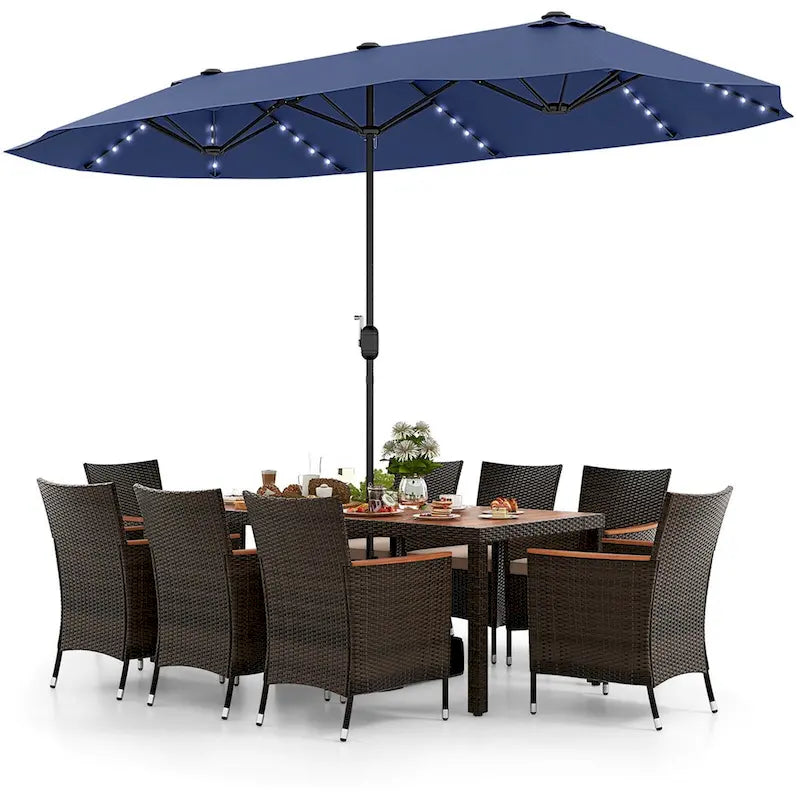 Ensemble de salle à manger de patio 11 pièces, mobilier d'extérieur en rotin avec parasol de 4,5 m