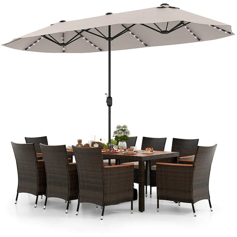 Ensemble de salle à manger de patio 11 pièces, mobilier d'extérieur en rotin avec parasol de 4,5 m