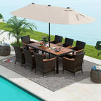 11 PCS Patio Dining Set Outdoor Rattan Furniture Set w/ 15ft Umbrella