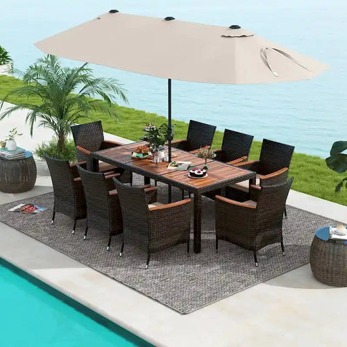 11 PCS Patio Dining Set Outdoor Rattan Furniture Set w/ 15ft Umbrella