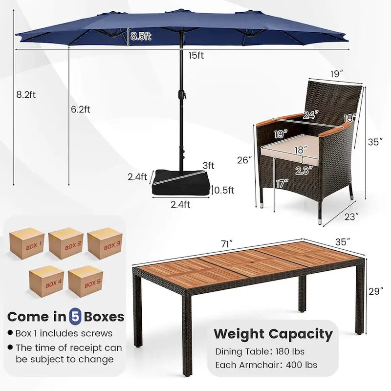 Ensemble de salle à manger de patio 11 pièces, mobilier d'extérieur en rotin avec parasol de 4,5 m