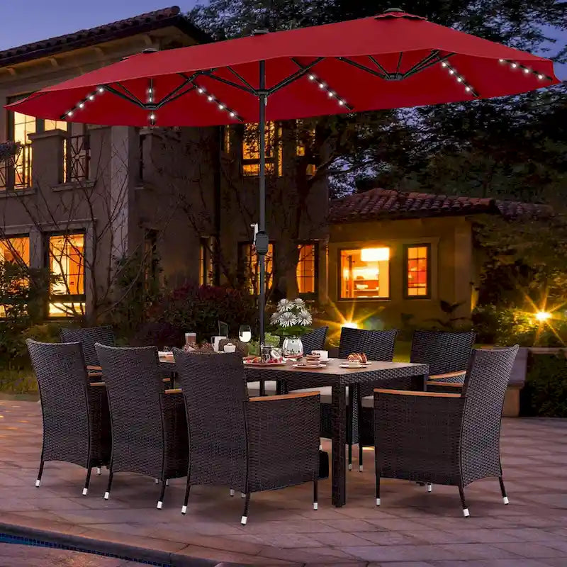 Ensemble de salle à manger de patio 11 pièces, mobilier d'extérieur en rotin avec parasol de 4,5 m
