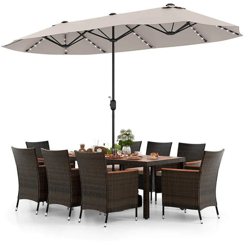 Ensemble de salle à manger de patio 11 pièces, mobilier d'extérieur en rotin avec parasol de 4,5 m