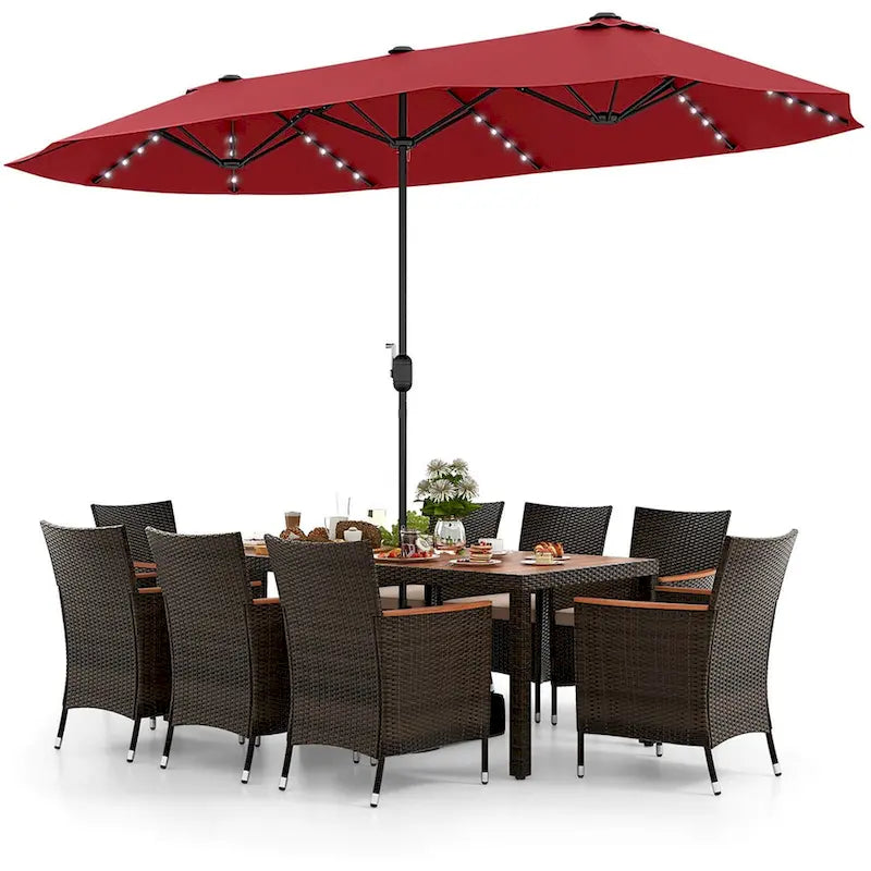 Ensemble de salle à manger de patio 11 pièces, mobilier d'extérieur en rotin avec parasol de 4,5 m