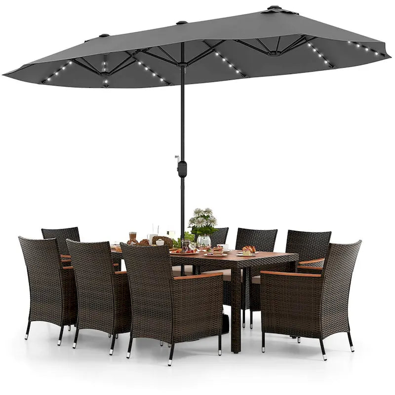 Ensemble de salle à manger de patio 11 pièces, mobilier d'extérieur en rotin avec parasol de 4,5 m