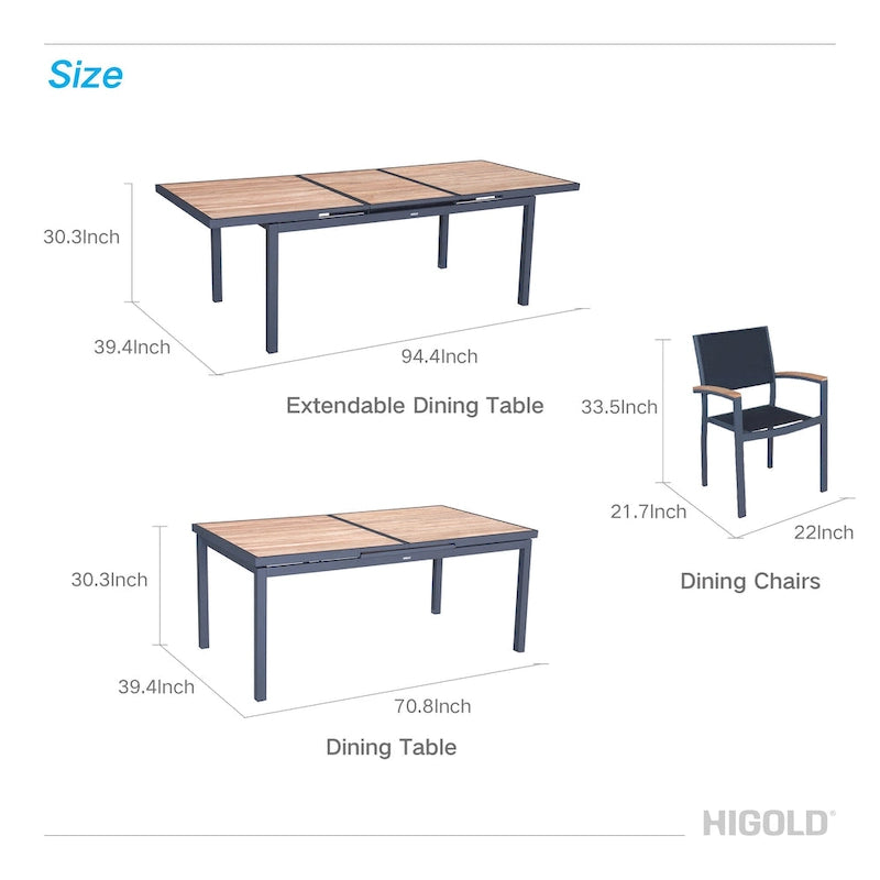 HIGOLD - Ensemble de salle à manger escamotable Heck 9 pièces pour 8 personnes, en teck de qualité A, aluminium spatial, anthracite mat