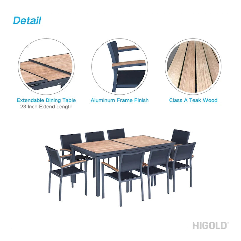 HIGOLD - Ensemble de salle à manger escamotable Heck 9 pièces pour 8 personnes, en teck de qualité A, aluminium spatial, anthracite mat