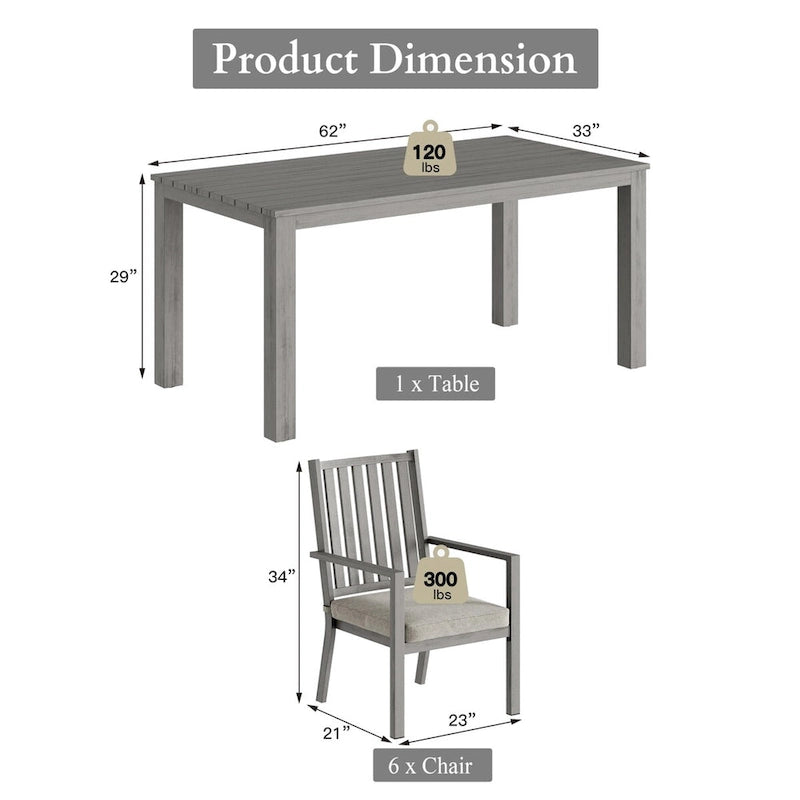 Ensemble de salle à manger d'extérieur 7 pièces en aluminium avec 6 chaises et coussins amovibles pour pelouse