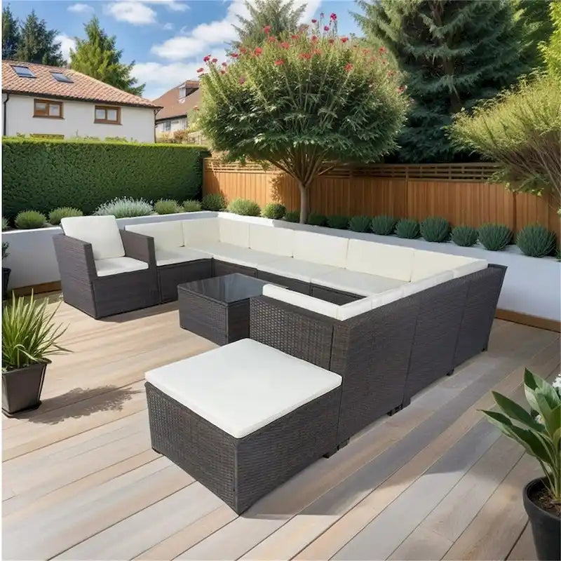 11 Piece Patio Wicker 10 Seater Patio Sectional Set with Storage