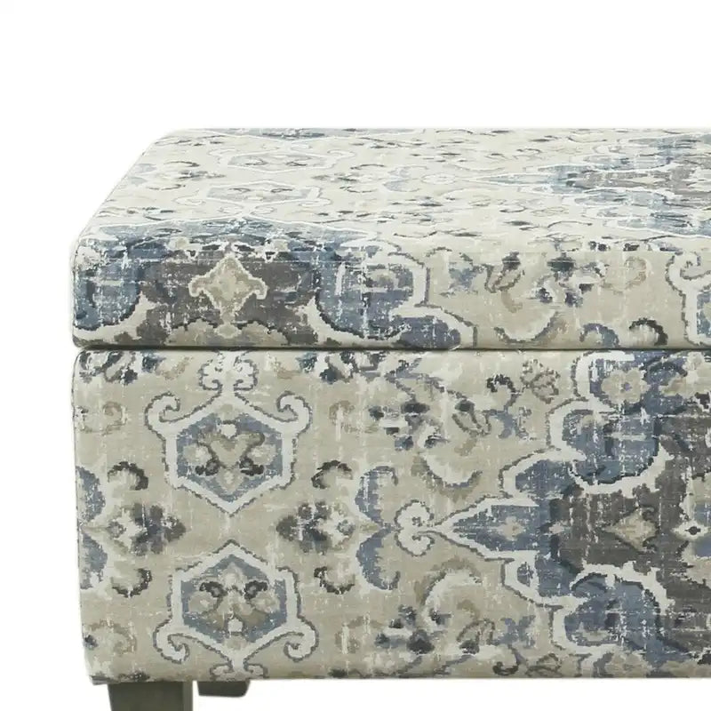 Banc de rangement capitonné médaillon bleu et crème avec couvercle à charnière et pieds en bois fuselés, 1 place