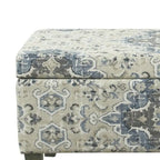 Banc de rangement capitonné médaillon bleu et crème avec couvercle à charnière et pieds en bois fuselés, 1 place