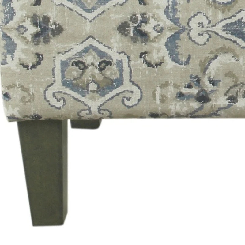 Banc de rangement capitonné médaillon bleu et crème avec couvercle à charnière et pieds en bois fuselés, 1 place