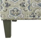 Banc de rangement capitonné médaillon bleu et crème avec couvercle à charnière et pieds en bois fuselés, 1 place