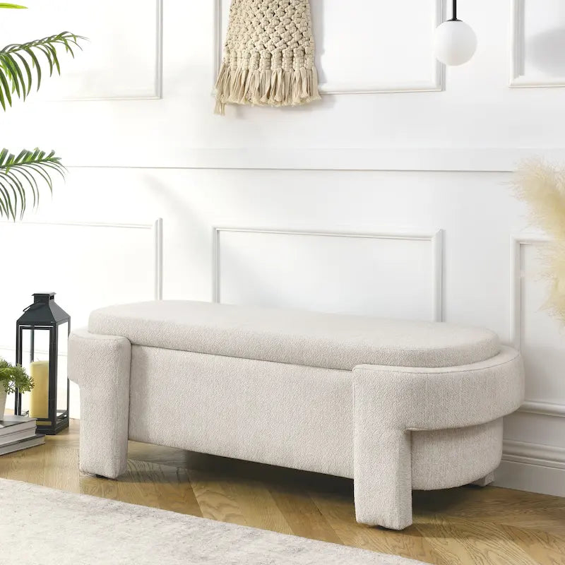 Banc de rangement capitonné en lin beige/blanc et mousse, 1 place, capacité de 113 kg