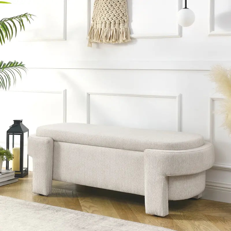 Banc de rangement capitonné en lin beige/blanc et mousse, 1 place, capacité de 113 kg