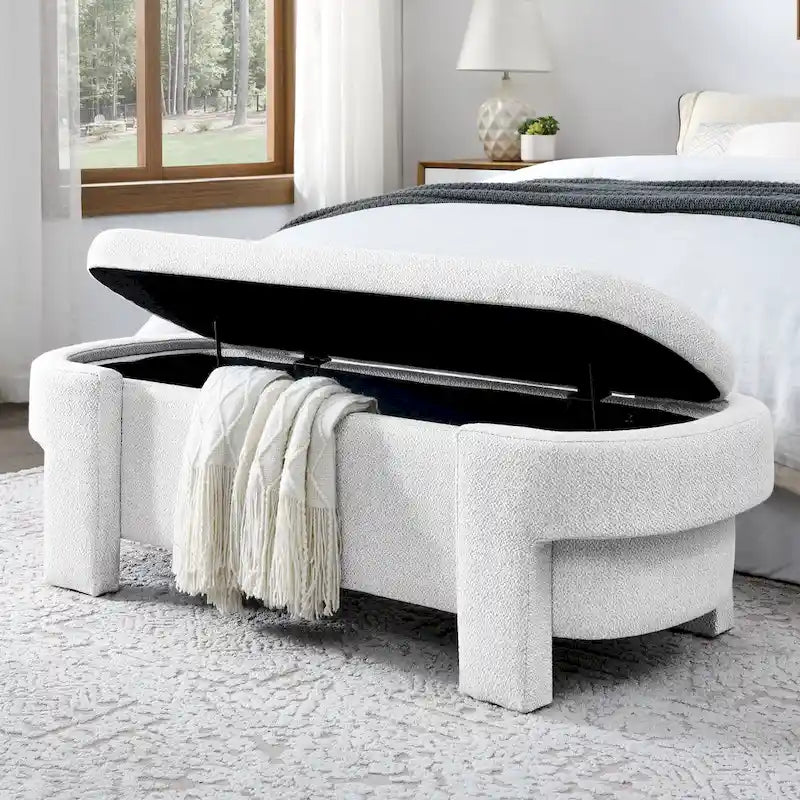 Banc de rangement capitonné en lin beige/blanc et mousse, 1 place, capacité de 113 kg