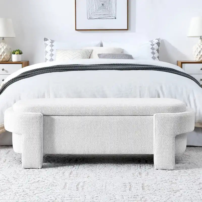 Banc de rangement capitonné en lin beige/blanc et mousse, 1 place, capacité de 113 kg