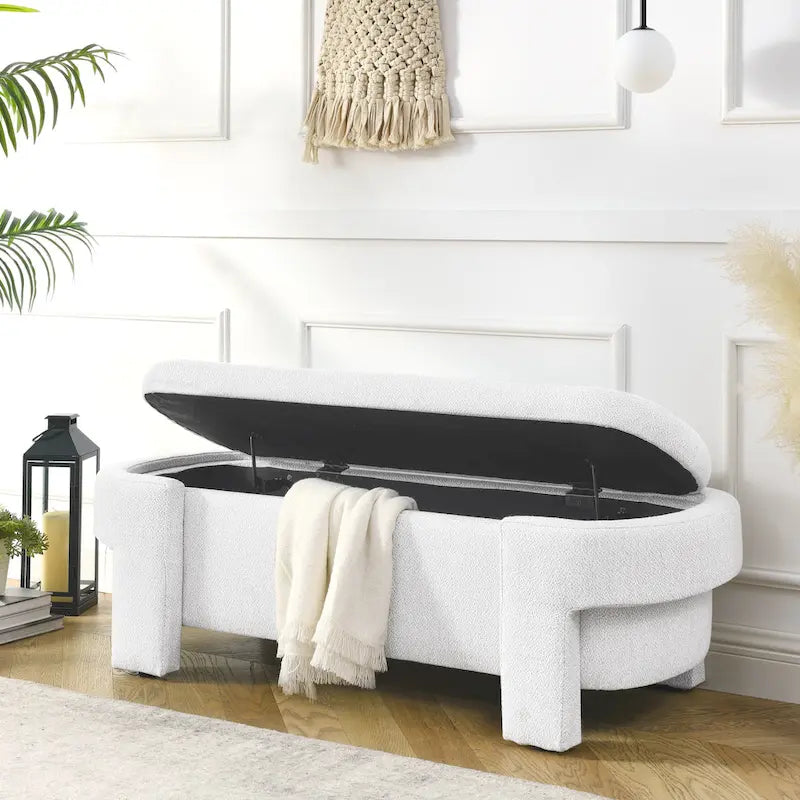Banc de rangement capitonné en lin beige/blanc et mousse, 1 place, capacité de 113 kg